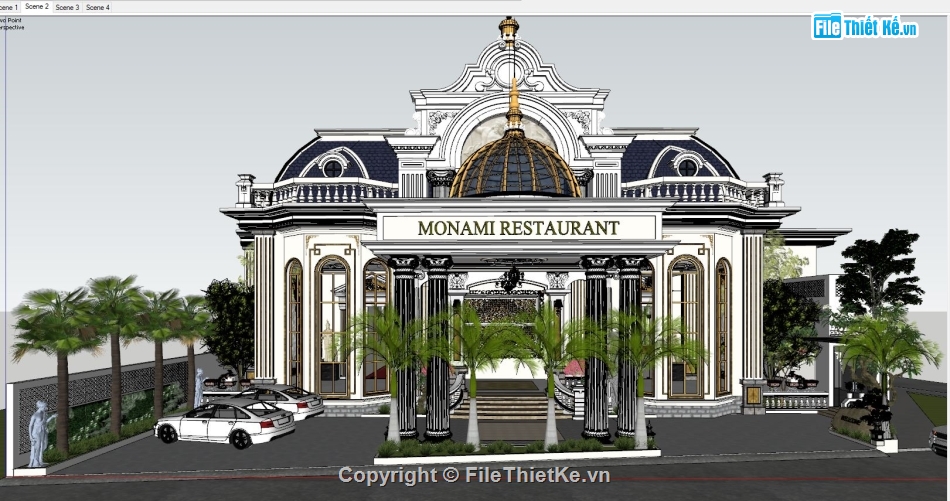 Sketchup nhà hàng,sketchup nhà hàng tân cổ,sketchup nhà hàng